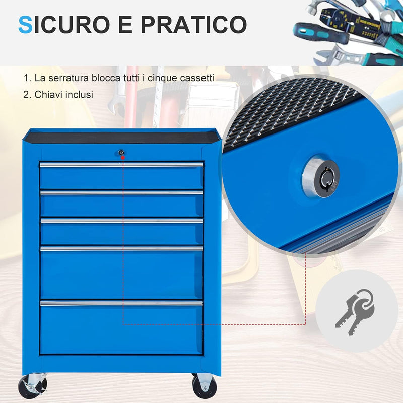 Carrello Porta Utensili Attrezzi Attrezzatura con Cassettiera Azzurro 61.5 x 33 x 82.5cm