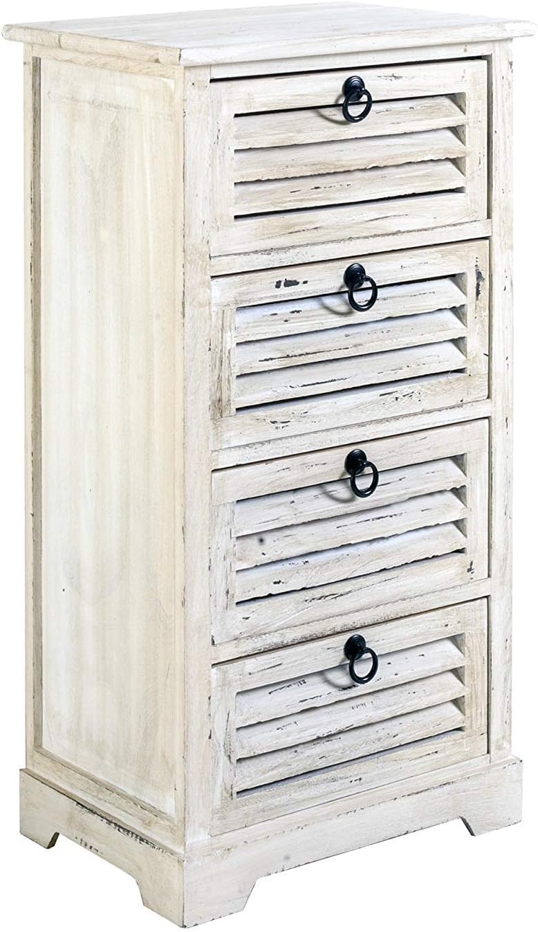 Cassettiera piccola, mobile bagno 4 cassetti bianco, legno paulownia, shabby chic, per camera bagno - Misure: 81 x 42 x 29 cm (HxLxP)