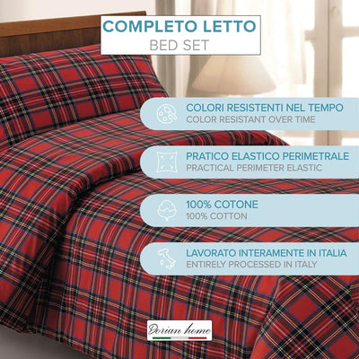 Dorian Home, Completo Letto 1 Piazza e Mezza 100% Cotone, Completo Lenzuola 130 x 200, Formato da Lenzuolo Sotto, Lenzuolo Sopra e una Federa, Made in Italy, Scozzese Rosso