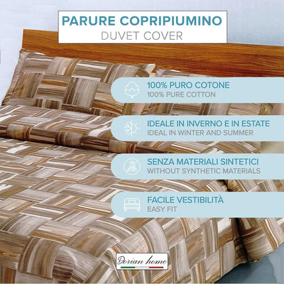 Dorian Home, Parure Copripiumino 1 Piazza e Mezza 200 x 210 cm, Realizzato in 100% Morbido e Puro Cotone, Made in Italy, Fantasia Varazze Marrone