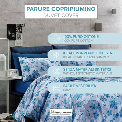 Dorian Home, Parure Copripiumino 1 Piazza e Mezza 200 x 210 cm, Realizzato in 100% Morbido e Puro Cotone, Made in Italy, Fantasia Cordova Celeste