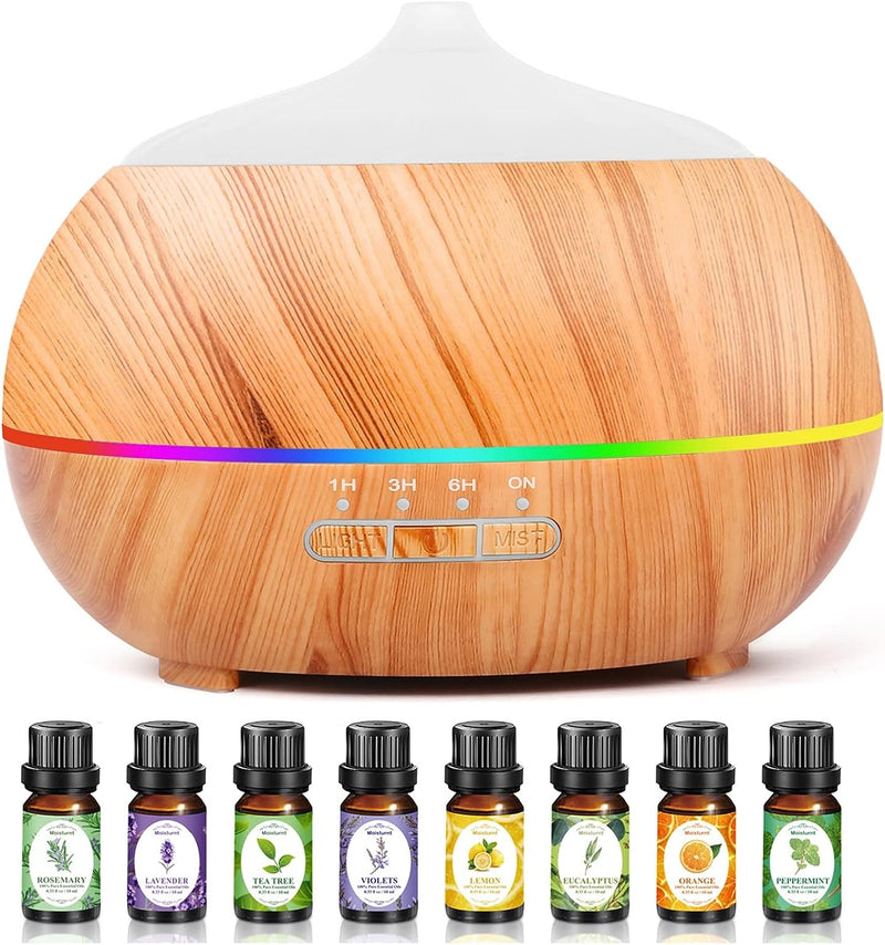 Diffusore di Oli Essenziali Umidificatore Ultrasuoni: 500ML Diffusore di Aromi con 8x10ml Oli Essenziali- Ambienti Legno con 7 Colori LED Vaporizzatore Elettrico per Casa Ufficio Spa Yog