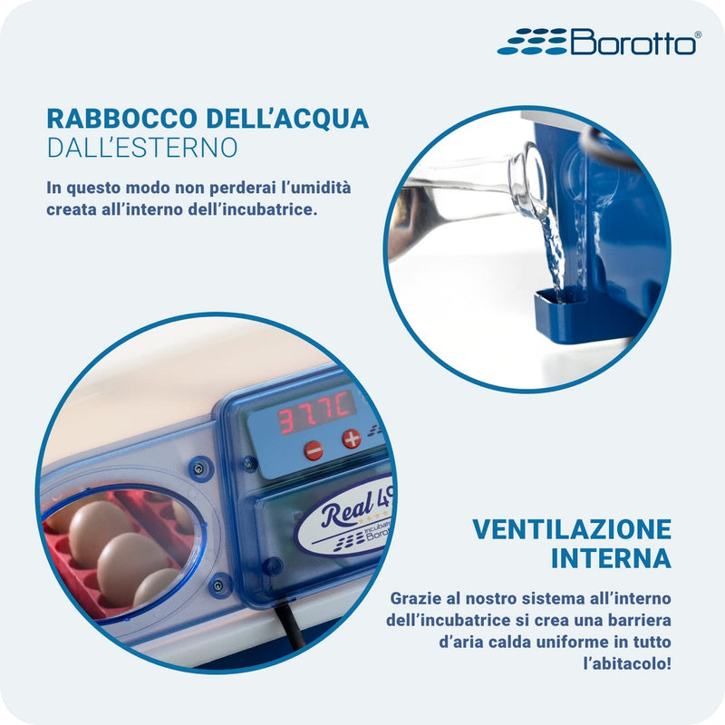 Borotto REAL 49 Semi Automatica - Incubatrice Professionale Brevettata, con Girauova a Levetta - per 49 Uova o 196 Uova Piccole