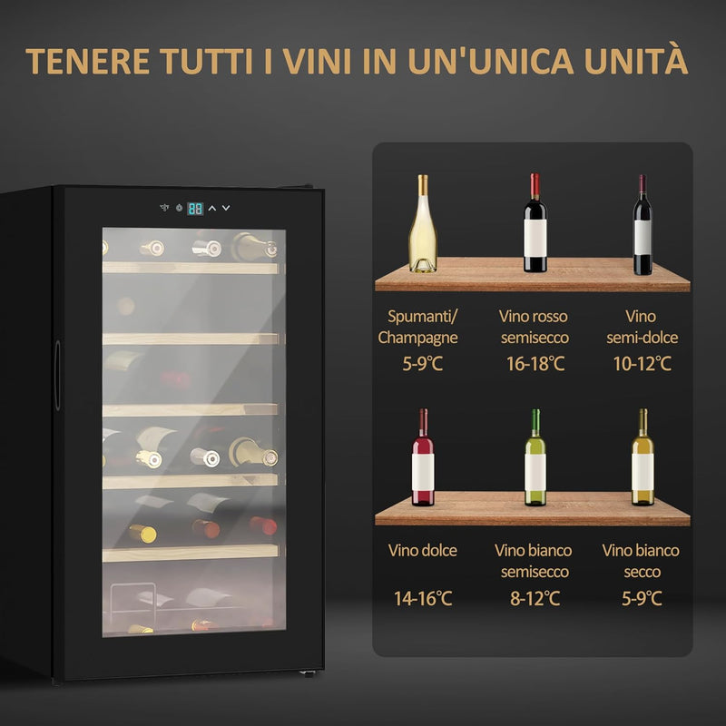 Cantinetta Vino Refrigerata 24 Bottiglie 65L Cantina Vino Silenziosa Temperatura Regolabile 5-20℃ Frigo Vino Bar con Vetro Anti UV, Ripiani, Compressore, Display Touch, Luci LED, Classe G, Nera