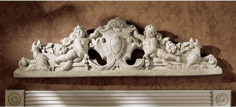 Frontone Scultoreo Da Parete Devonshire  94 cm Stile classico Decorazione murale Arte tradizionale Scultura Sacra Con Angeli per Ingresso