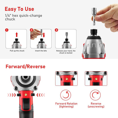 Brushless Avvitatore a urto 20 V TEENO, Avvitatore elettrico senza fili, potenza d'impatto 0-3000IPM, batteria 2,0 Ah, 1 x Ricarica (una batteria), Rosso