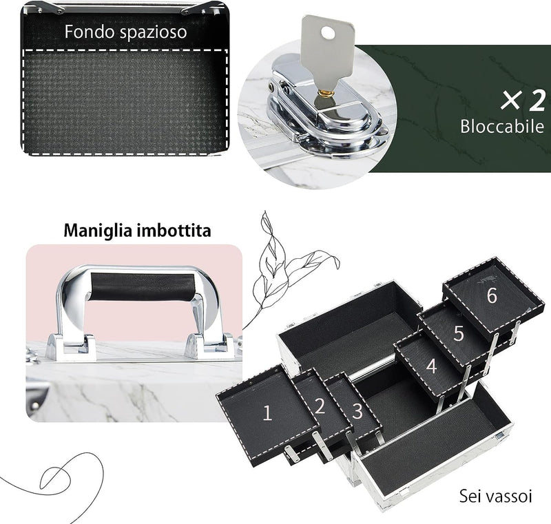 Valigetta Trucchi Professionale Beauty case da viaggio Porta Trucchi Grande Valigetta Per Cosmetici Vanity Case Valigetta Unghie Valigetta Manicure Valigetta Estetista con serratura, Marmo