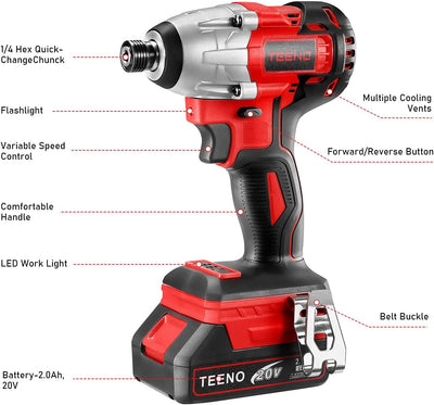 Brushless Avvitatore a urto 20 V TEENO, Avvitatore elettrico senza fili, potenza d'impatto 0-3000IPM, batteria 2,0 Ah, 1 x Ricarica (una batteria), Rosso