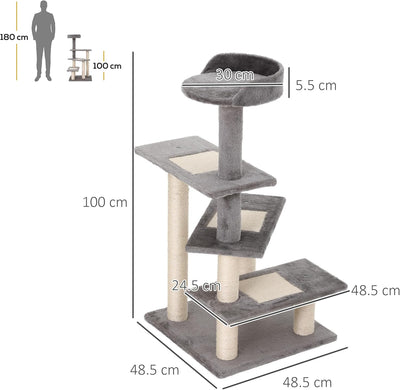 Albero Tiragraffi per Gatti Alto 100 cm, Tiragraffi per Gatti con Lettino Rotondo, Pali in Sisal e Rivestimento in Peluche, Grigio