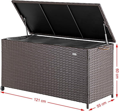 Baule Portaoggetti da Giardino in Polyrattan 420 Litri, Box da Esterno Impermeabile Resistente ai Raggi Uv, Cassapanca XXL con Ruote per Trasporto e Maniglia, 121 x 55 x 60 cm (Marrone)