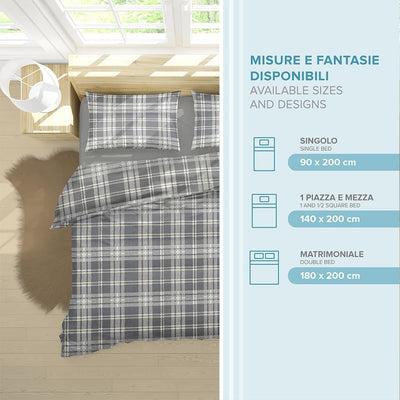 Dorian Home, Completo Letto 1 Piazza e Mezza 100% Cotone, Completo Lenzuola 130 x 200, Formato da Lenzuolo Sotto, Lenzuolo Sopra e una Federa, Made in Italy, Scozzese Grigio