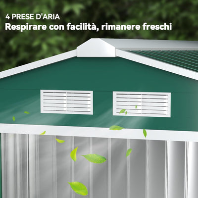 Casetta da Giardino Porta Utensili in Lamiera di Acciaio, Capanno da Giardino in Acciaio con Porte Scorrevoli, 213x130x185cm, Verde