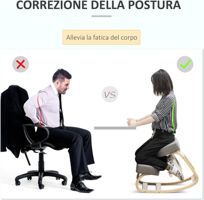 Sedia Ergonomica con Inginocchiatoio in Legno di Betulla, Sedia Posturale con Cuscino in Gommapiuma e Poliestere per Casa e Ufficio, Grigio
