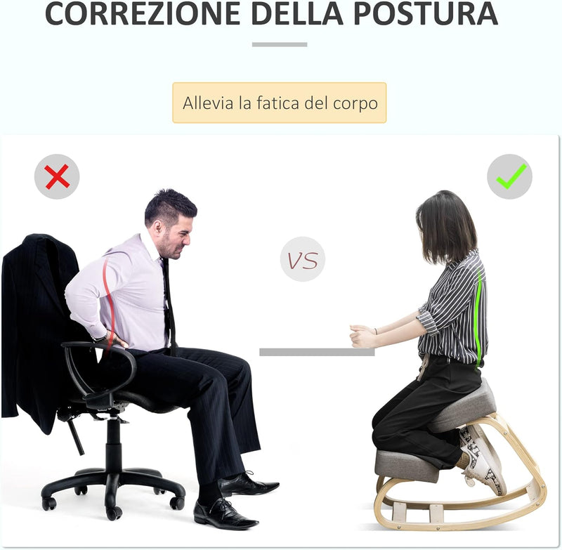 Sedia Ergonomica con Inginocchiatoio in Legno di Betulla, Sedia Posturale con Cuscino in Gommapiuma e Poliestere per Casa e Ufficio, Grigio