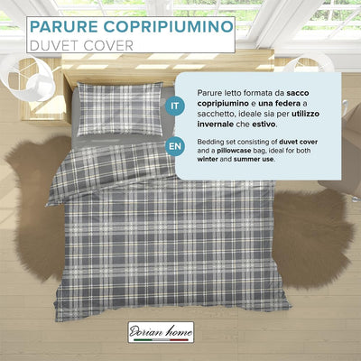 Dorian Home Parure Copripiumino Matrimoniale 250 x 210 cm, Copripiumino Matrimoniale Cotone, Realizzato in 100% Morbido e Puro Cotone, Made In Italy, Fantasia Scozzese Grigio