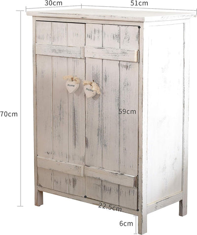 Comodino con 2 Ante, Mobiletto credenza da Terra, 3 Ripiani Interni, Bianco, Shabby Chic, per Cucina Bagno - Misure: 70 x 51 x 30 cm (HxLxP)