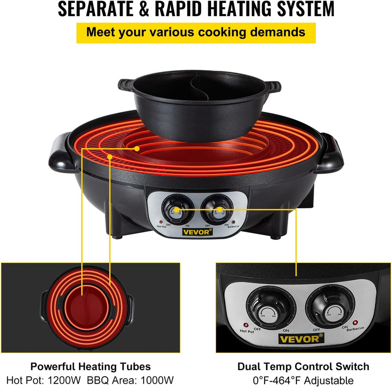 Set di Pentola Calda Piastra per Grill BBQ Hotpot Elettrica alla Casalinga, Pentola Hotpot e Piastra Griglia Elettrica da Banco 2200W Temperatura Regolabile Antiaderente, Nero