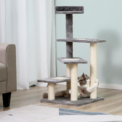 Albero Tiragraffi per Gatti Alto 100 cm, Tiragraffi per Gatti con Lettino Rotondo, Pali in Sisal e Rivestimento in Peluche, Grigio