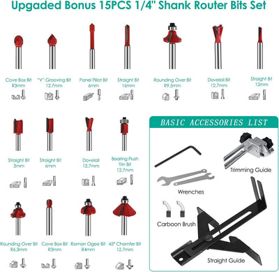 Strumento Compatto da 800W per la Lavorazione del Legno Router Portatile per la Lavorazione del Legno Router elettrico per Legno Trimmer con 15 Pezzi di Fresa Fai da te