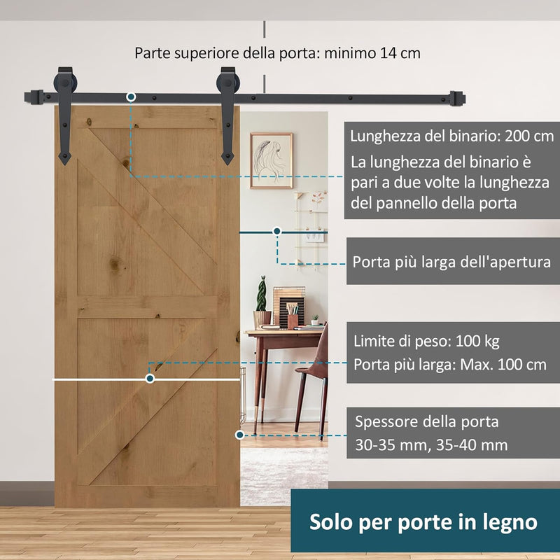 200CM/6.6FT Kit per Porta Scorrevole da 2 m in Acciaio al Carbonio, Binario per Porta Scorrevole Singola con Rotelle Stile Rustico, Marrone