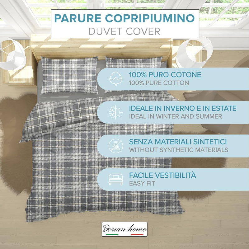 Dorian Home Parure Copripiumino Matrimoniale 250 x 210 cm, Copripiumino Matrimoniale Cotone, Realizzato in 100% Morbido e Puro Cotone, Made In Italy, Fantasia Scozzese Grigio