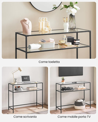 Consolle Ingresso, Tavolo Consolle, Piano in Vetro Temperato, Telaio Robusto e Stabile, Piedini Regolabili, per Soggiorno, Corridoio, Nero e Trasparente