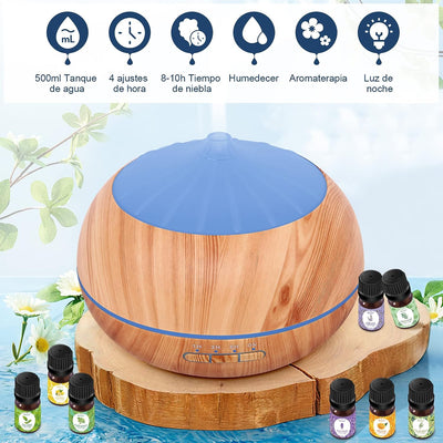 Diffusore di Oli Essenziali Umidificatore Ultrasuoni: 500ML Diffusore di Aromi con 8x10ml Oli Essenziali- Ambienti Legno con 7 Colori LED Vaporizzatore Elettrico per Casa Ufficio Spa Yog