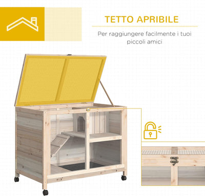 Conigliera in Legno a 2 Livelli con Casetta per Conigli e Porcellini d'India, Gabbia per Conigli con Rampa e Vassoio Estraibile, 91.5x53.3x73cm, Color Legno