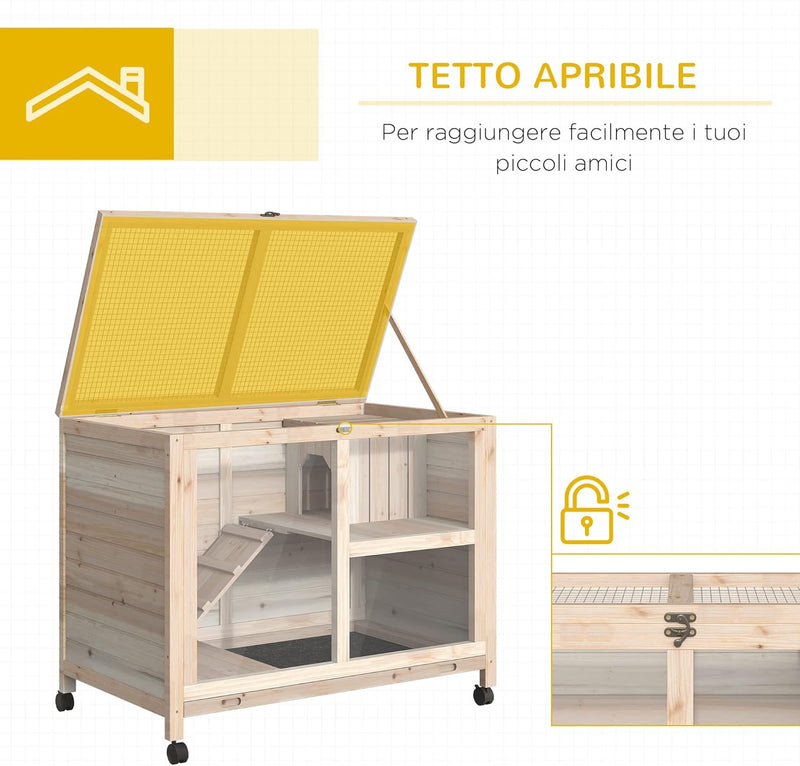 Conigliera in Legno a 2 Livelli con Casetta per Conigli e Porcellini d&