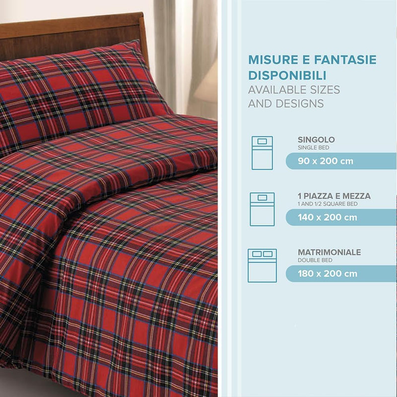 Dorian Home, Completo Letto 1 Piazza e Mezza 100% Cotone, Completo Lenzuola 130 x 200, Formato da Lenzuolo Sotto, Lenzuolo Sopra e una Federa, Made in Italy, Scozzese Rosso