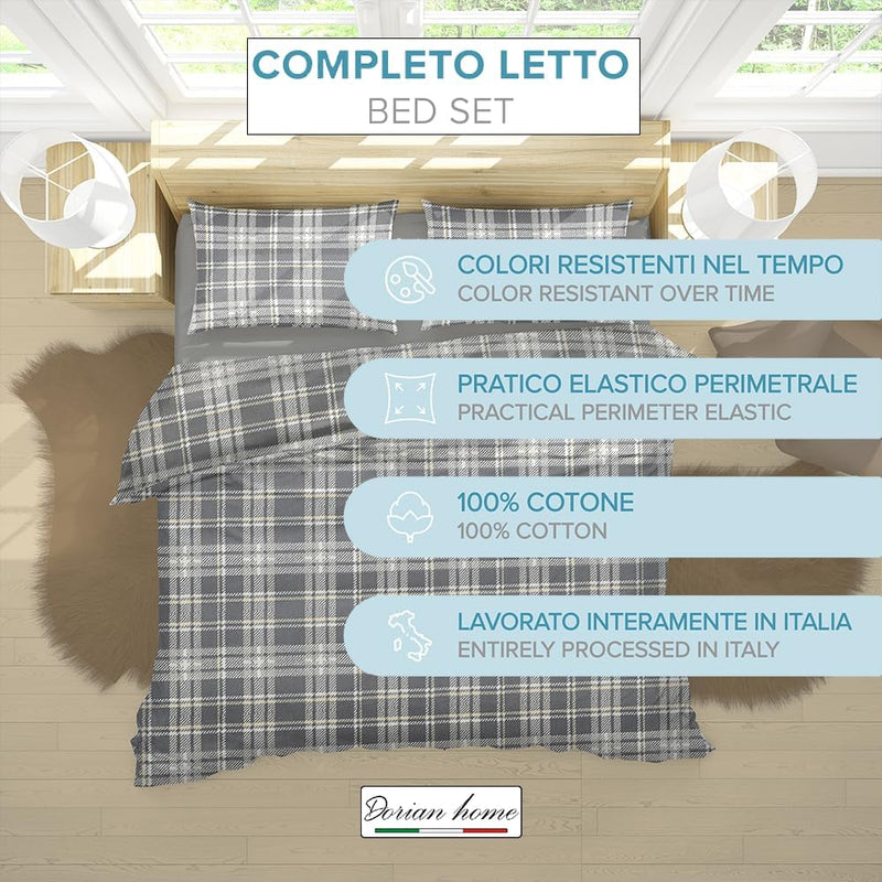 Dorian Home, Completo Letto 1 Piazza e Mezza 100% Cotone, Completo Lenzuola 130 x 200, Formato da Lenzuolo Sotto, Lenzuolo Sopra e una Federa, Made in Italy, Scozzese Grigio