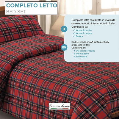 Dorian Home, Completo Letto 1 Piazza e Mezza 100% Cotone, Completo Lenzuola 130 x 200, Formato da Lenzuolo Sotto, Lenzuolo Sopra e una Federa, Made in Italy, Scozzese Rosso