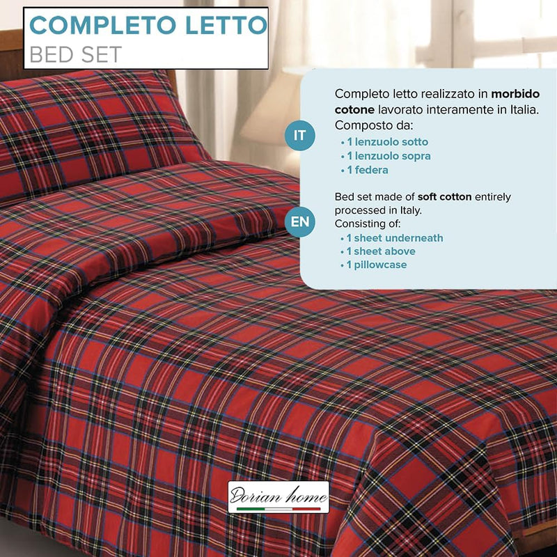 Dorian Home Completo Letto Singolo, Set Completo lenzuola, Lenzuola Letto Singolo 100% Cotone 90x200 cm, Lenzuolo Sotto, Lenzuolo Sopra e Una Federa, Made in Italy, Scozzese Rosso