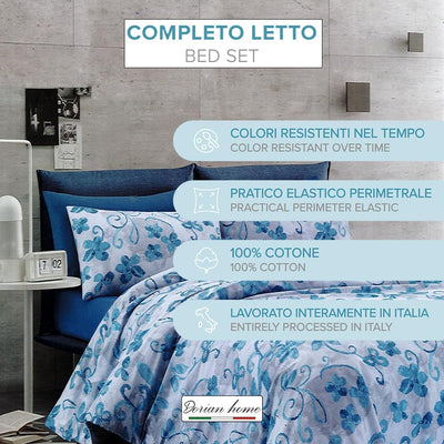 Dorian Home Completo Letto Singolo, Set Completo lenzuola, Lenzuola Letto Singolo 100% Cotone 90x200 cm, Lenzuolo Sotto, Lenzuolo Sopra e Una Federa, Made in Italy, Cordova Celeste