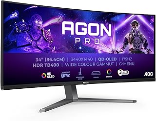AOC Agon PRO AG346UCDAM - 34 Inch WQHD OLED Curved Gaming Monitor, 175 Hz, 0.03 ms, FreeSync Premium Pro, G-Sync Comp., HDR400 (3440 x 1440, 2 x HDMI, DisplayPort, USB Hub) Black