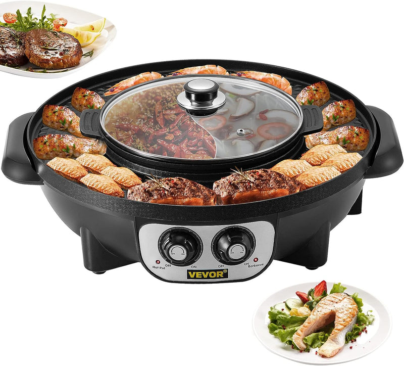 Set di Pentola Calda Piastra per Grill BBQ Hotpot Elettrica alla Casalinga, Pentola Hotpot e Piastra Griglia Elettrica da Banco 2200W Temperatura Regolabile Antiaderente, Nero