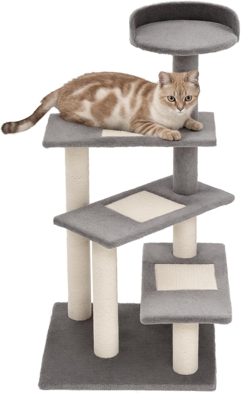 Albero Tiragraffi per Gatti Alto 100 cm, Tiragraffi per Gatti con Lettino Rotondo, Pali in Sisal e Rivestimento in Peluche, Grigio