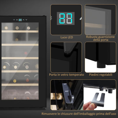 Cantinetta Vino Refrigerata 24 Bottiglie 65L Cantina Vino Silenziosa Temperatura Regolabile 5-20℃ Frigo Vino Bar con Vetro Anti UV, Ripiani, Compressore, Display Touch, Luci LED, Classe G, Nera
