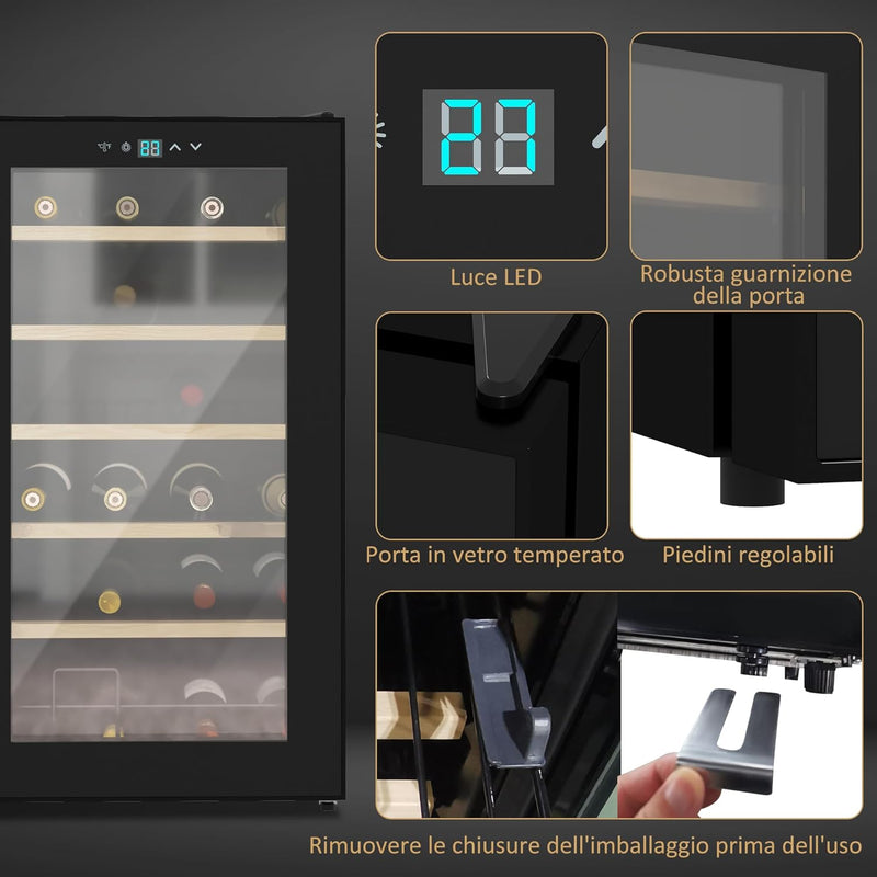 Cantinetta Vino Refrigerata 24 Bottiglie 65L Cantina Vino Silenziosa Temperatura Regolabile 5-20℃ Frigo Vino Bar con Vetro Anti UV, Ripiani, Compressore, Display Touch, Luci LED, Classe G, Nera