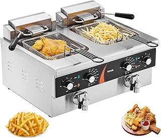 VEVOR Commercial Deep Fryer Electric Countertop Fryer, Double Tank 3000W x 2, 5.9L Double Oil Fryer with 2 Baskets Thickened Stainless Steel, Time & Temperature Control, for Kitchen Restaurant Cafe