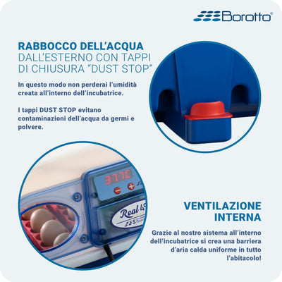 Borotto Real 49 Plus Automatica - Incubatrice Professionale Brevettata, Girauova Automatico, Materiale Termoisolante con Antibatterico - per 49 Uova o 196 Uova Piccole