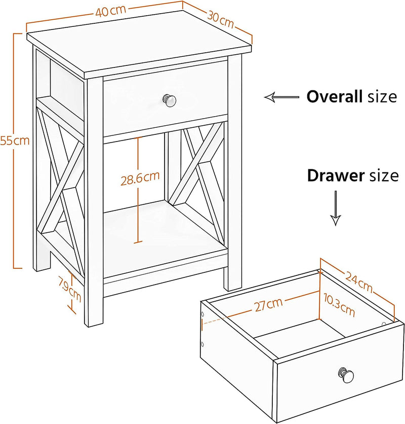 Comodini Camera da Letto Bianco Comodino con Cassetto 55 x 40 x 30 cm Tavolino Lato da Divano Stile Shabby Chic Mobiletto da Salotto