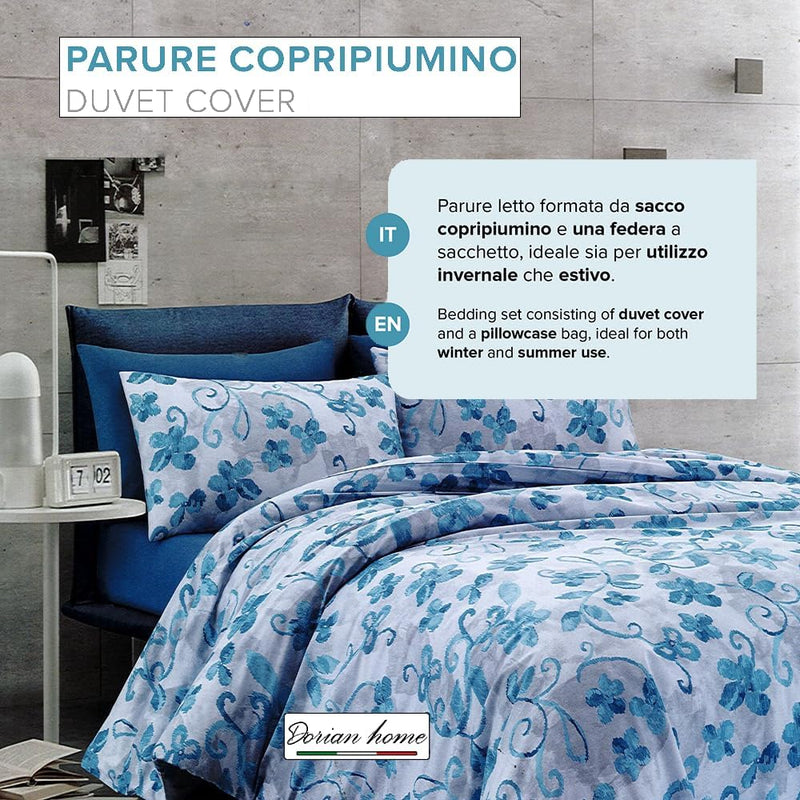 Dorian Home Parure Copripiumino Matrimoniale 250 x 210 cm, Copripiumino Matrimoniale Cotone, Realizzato in 100% Morbido e Puro Cotone, Made In Italy, Fantasia Cordova Celeste