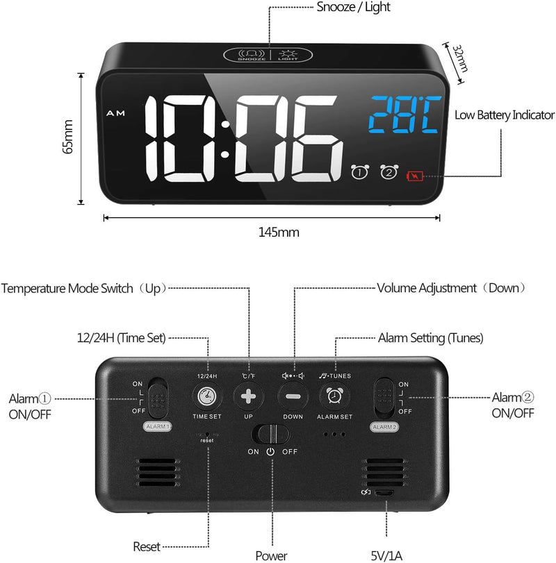 Sveglia Digitale, Sveglia da Comodino con Temperatura e LED Grande Schermo, Orologio a Specchio con 2 Allarme, Snooze, Suoni e Luminosità Regolabile, Controllo Vocale, USB Ricaricare, Nero