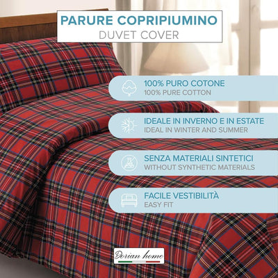 Dorian Home Parure Copripiumino Matrimoniale 250 x 210 cm, Copripiumino Matrimoniale Cotone, Realizzato in 100% Morbido e Puro Cotone, Made In Italy, Fantasia Scozzese Rosso