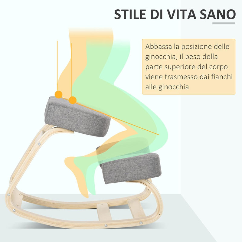 Sedia Ergonomica con Inginocchiatoio in Legno di Betulla, Sedia Posturale con Cuscino in Gommapiuma e Poliestere per Casa e Ufficio, Grigio