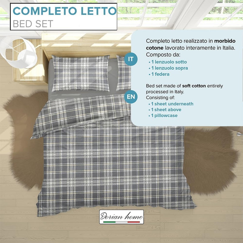 Dorian Home, Completo Letto 1 Piazza e Mezza 100% Cotone, Completo Lenzuola 130 x 200, Formato da Lenzuolo Sotto, Lenzuolo Sopra e una Federa, Made in Italy, Scozzese Grigio