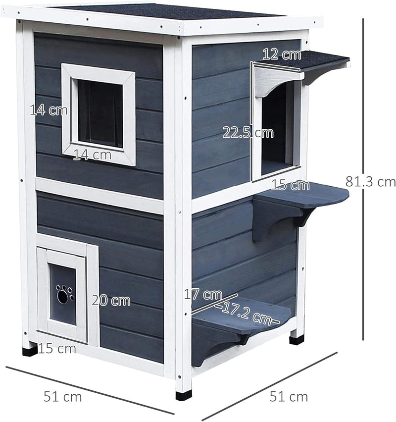Cuccia per Gatti in Legno Impermeabile su 2 Piani, con Tetto Apribile, 51cm x 51cm x 81.3cm