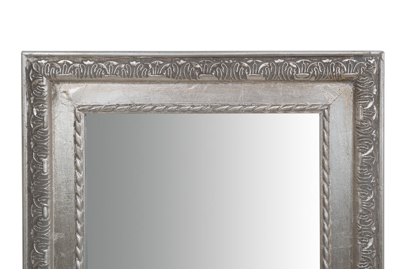 Biscottini Specchio Specchiera da parete e appendere verticale/orizzontale L35xPR4xH82 cm finitura foglia argento anticato.