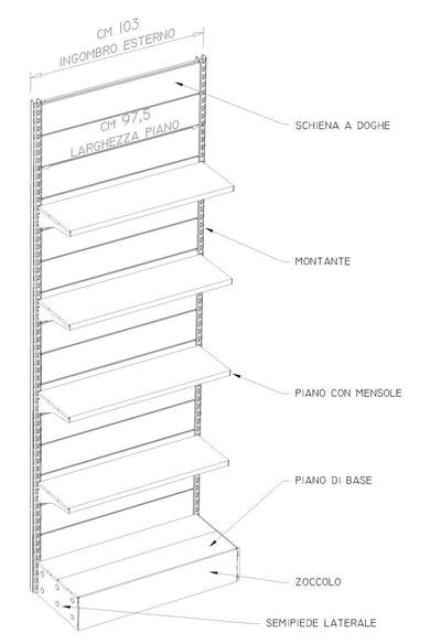 Arredo negozi scaffalatura metallica verniciata modulo a parete cm. 80x30x300h